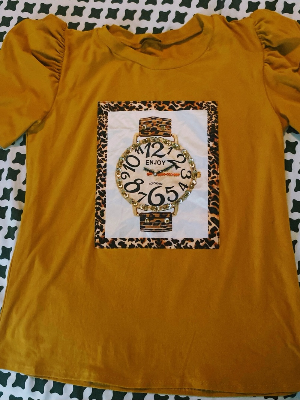Mustard Yellow Puff Sleeve Tee with Watch Graphic